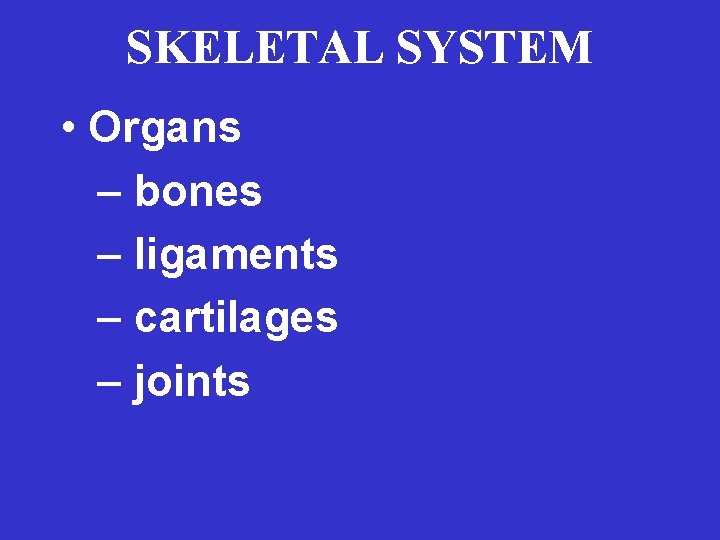 SKELETAL SYSTEM • Organs – bones – ligaments – cartilages – joints 