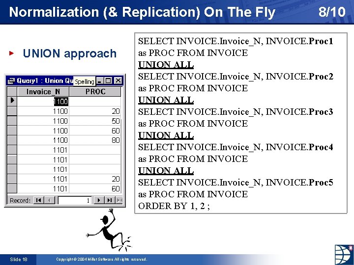 Normalization (& Replication) On The Fly UNION approach Slide 18 8/10 SELECT INVOICE. Invoice_N,