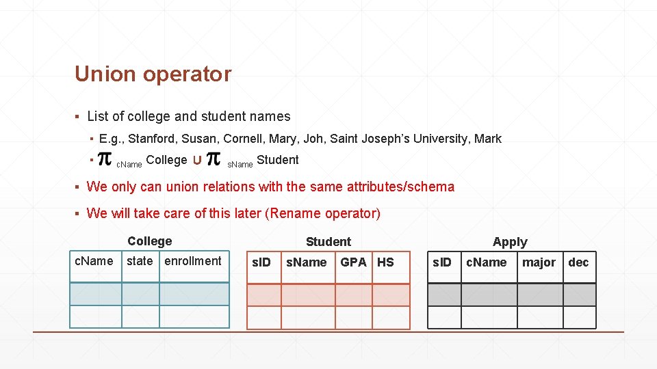 Union operator ▪ List of college and student names ▪ E. g. , Stanford,