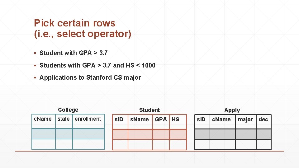 Pick certain rows (i. e. , select operator) ▪ Student with GPA > 3.