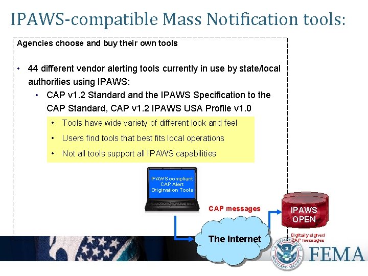 IPAWS-compatible Mass Notification tools: Agencies choose and buy their own tools • 44 different
