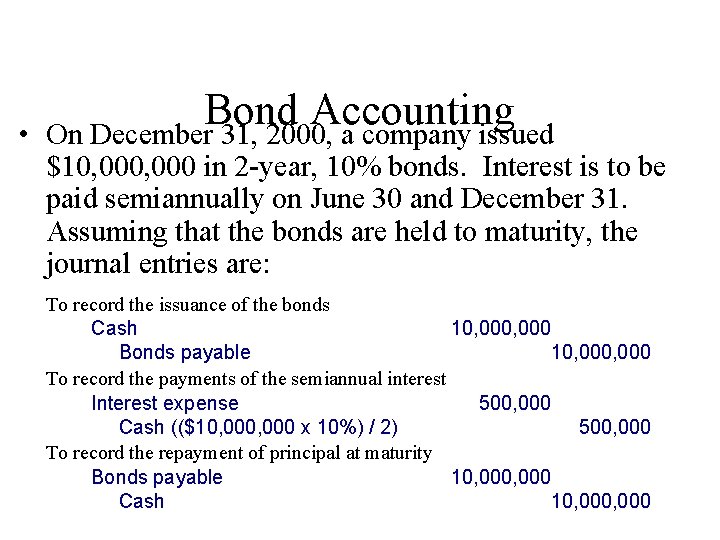  • Bond Accounting On December 31, 2000, a company issued $10, 000 in