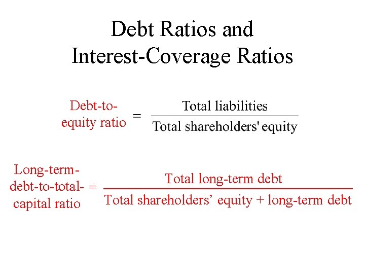 Debt Ratios and Interest-Coverage Ratios Debt-toequity ratio Long-term. Total long-term debt-to-total- = Total shareholders’