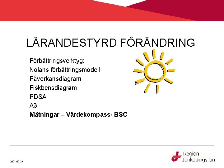 LÄRANDESTYRD FÖRÄNDRING Förbättringsverktyg: Nolans förbättringsmodell Påverkansdiagram Fiskbensdiagram PDSA A 3 Mätningar – Värdekompass- BSC