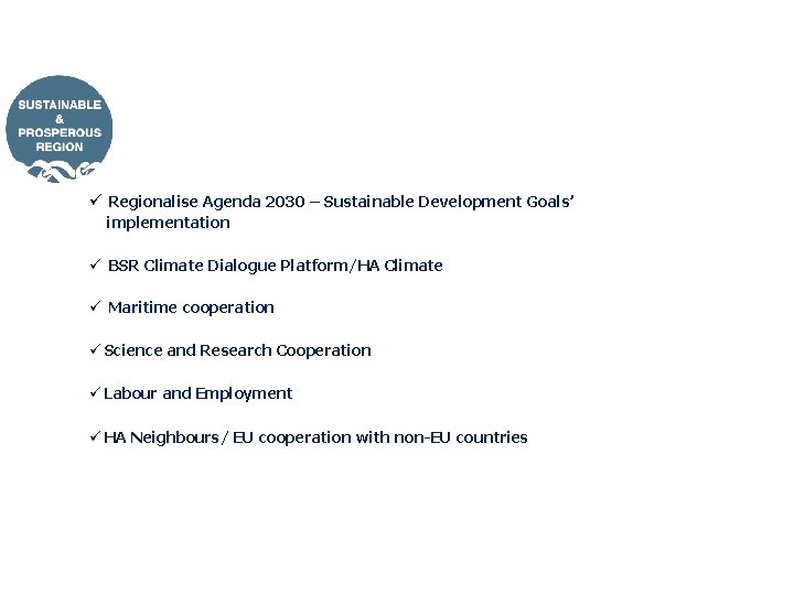 ü Regionalise Agenda 2030 – Sustainable Development Goals’ implementation ü BSR Climate Dialogue Platform/HA