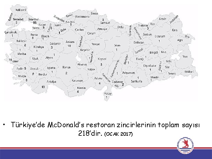  • Türkiye’de Mc. Donald’s restoran zincirlerinin toplam sayısı 218’dir. (OCAK 2017) 