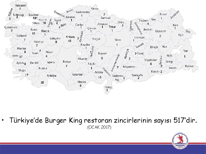  • Türkiye’de Burger King restoran zincirlerinin sayısı 517’dir. (OCAK 2017) 