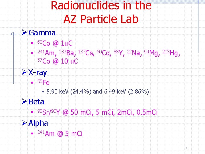 Radionuclides in the AZ Particle Lab Ø Gamma n n 60 Co @ 1