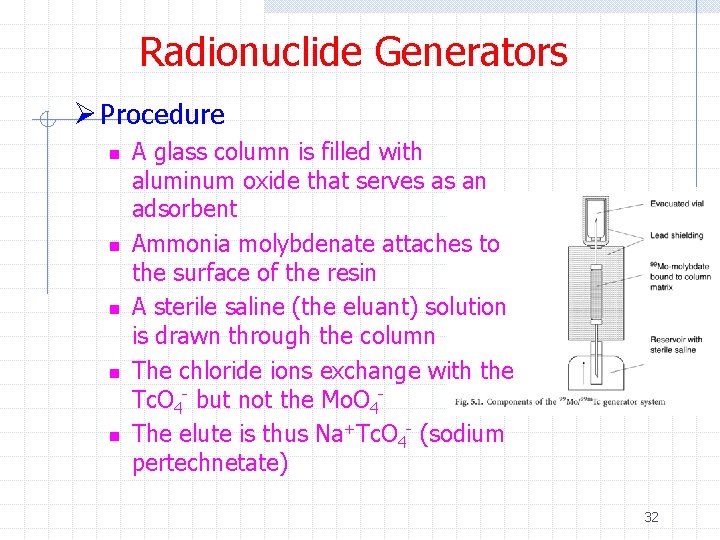 Radionuclide Generators Ø Procedure n n n A glass column is filled with aluminum