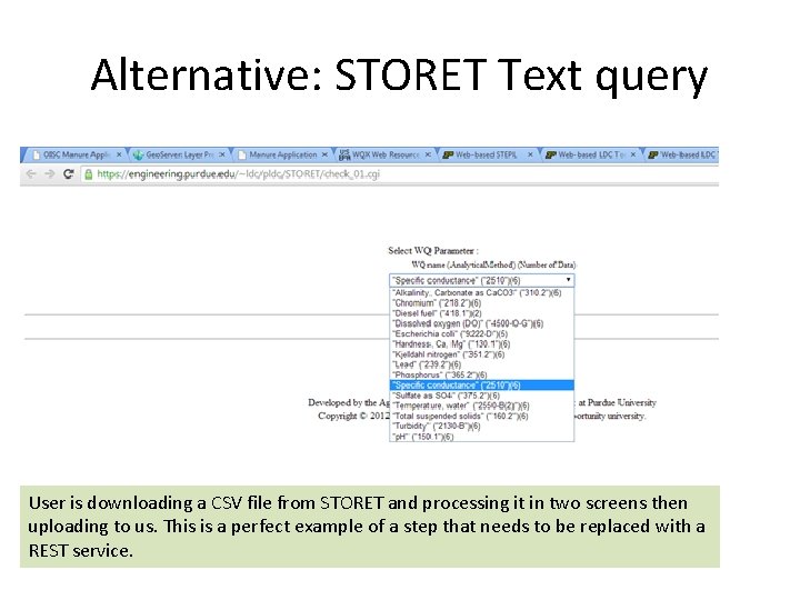 Alternative: STORET Text query User is downloading a CSV file from STORET and processing