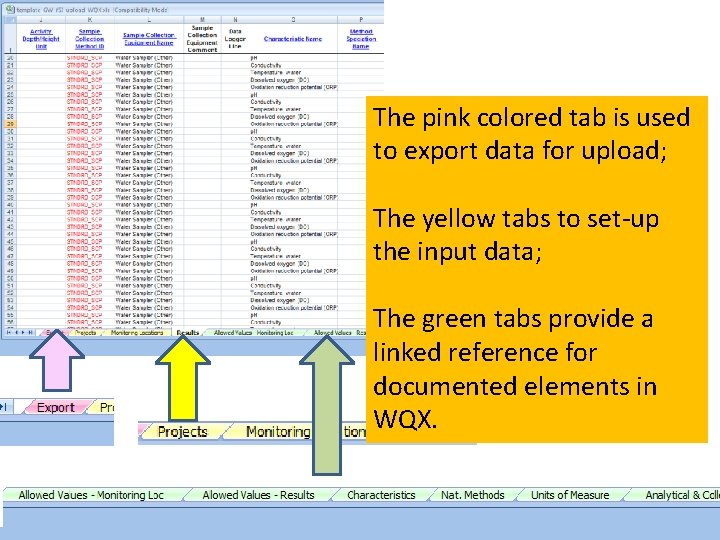 The pink colored tab is used to export data for upload; The yellow tabs