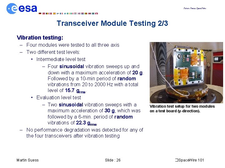 Future Focus: Space. Fibre Transceiver Module Testing 2/3 Vibration testing: – Four modules were