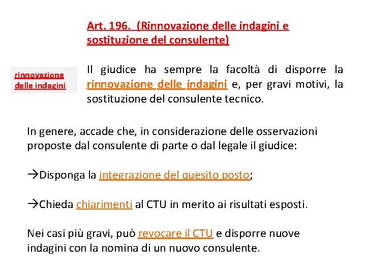 Art. 196.  (Rinnovazione delle indagini e sostituzione del consulente) rinnovazione delle indagini Il giudice