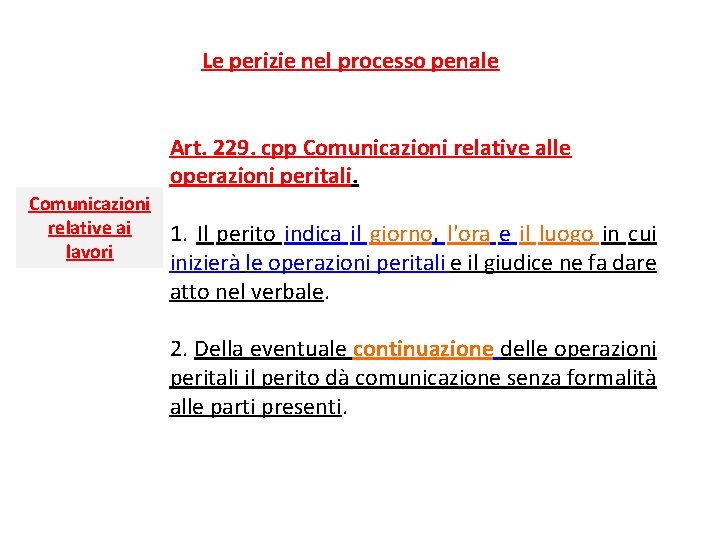 Le perizie nel processo penale Art. 229. cpp Comunicazioni relative alle operazioni peritali. Comunicazioni