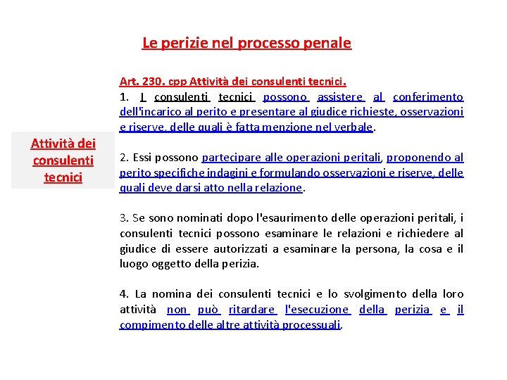 Le perizie nel processo penale Art. 230. cpp Attività dei consulenti tecnici. 1. I