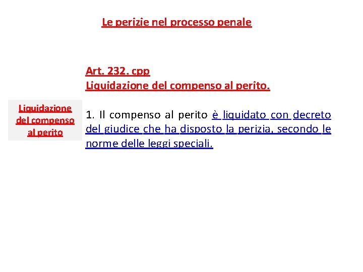 Le perizie nel processo penale Art. 232. cpp Liquidazione del compenso al perito 1.