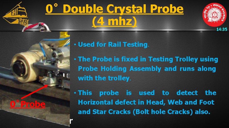 0˚ Double Crystal Probe (4 mhz) 14: 35 • Used for Rail Testing. •