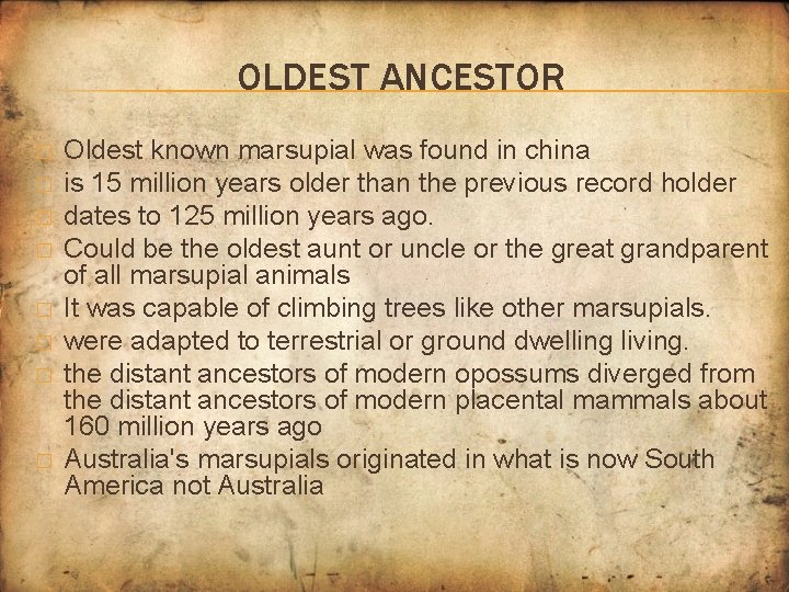 OLDEST ANCESTOR � � � � Oldest known marsupial was found in china is