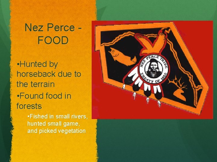 Nez Perce FOOD • Hunted by horseback due to the terrain • Found food