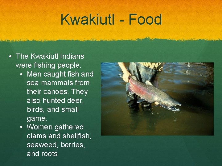 Kwakiutl - Food • The Kwakiutl Indians were fishing people. • Men caught fish