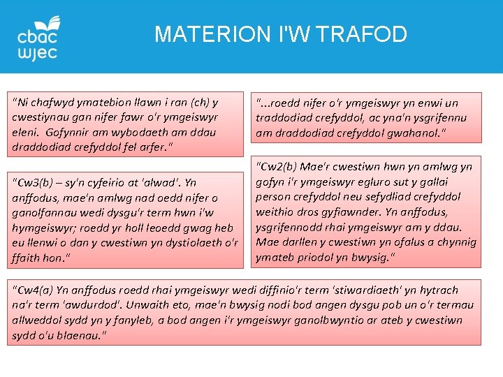 MATERION I'W TRAFOD "Ni chafwyd ymatebion llawn i ran (ch) y cwestiynau gan nifer