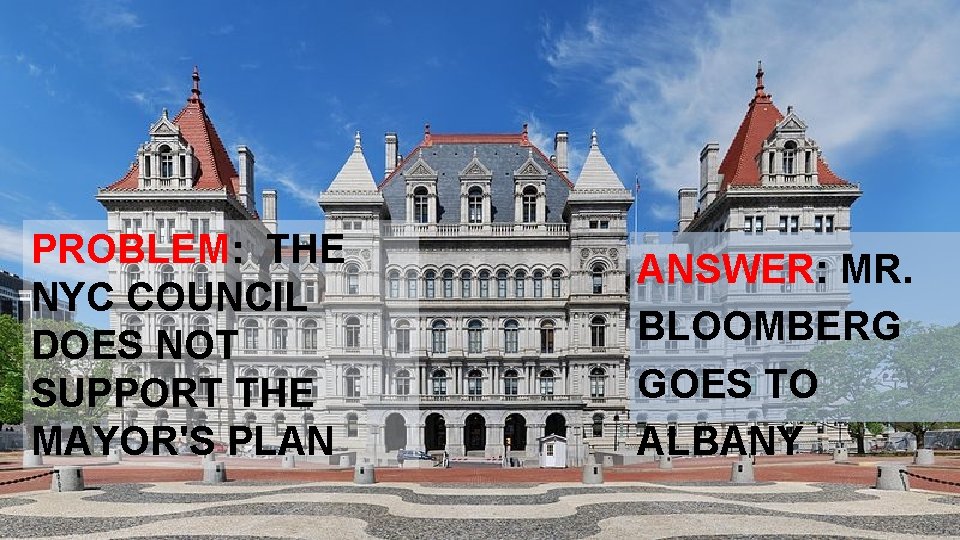 PROBLEM: THE NYC COUNCIL DOES NOT SUPPORT THE MAYOR'S PLAN ANSWER: MR. BLOOMBERG GOES