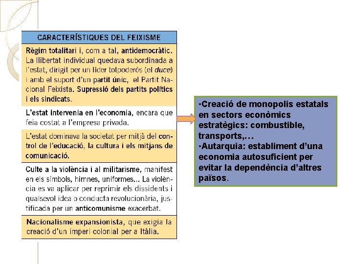 Esquema • Creació de monopolis estatals en sectors econòmics estratègics: combustible, transports, … •