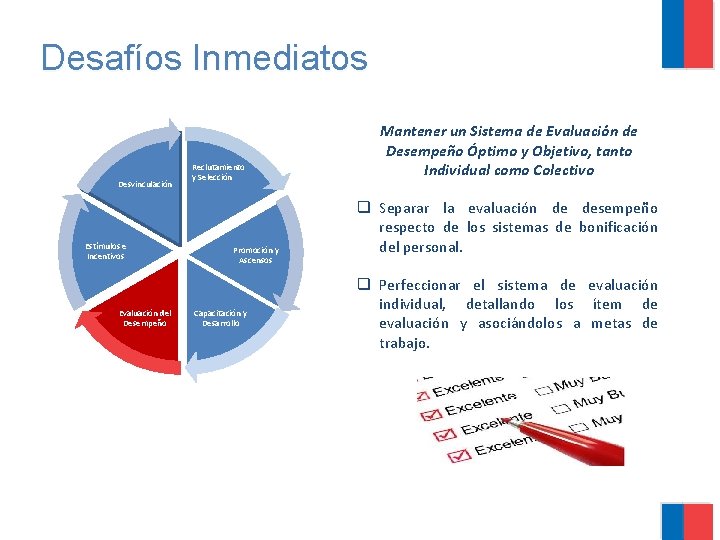 Desafíos Inmediatos Desvinculación Estímulos e Incentivos Evaluación del Desempeño Reclutamiento y Selección Promoción y