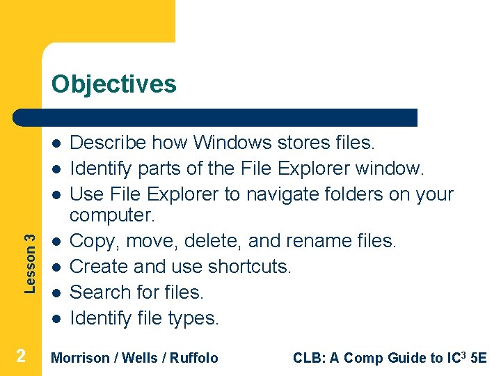 Objectives l l Lesson 3 l l l 2 Describe how Windows stores files. Objectives l l Lesson 3 l l l 2 Describe how Windows stores files.