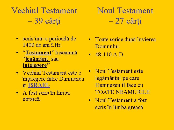 Vechiul Testament – 39 cărţi • scris într-o perioadă de 1400 de ani î.