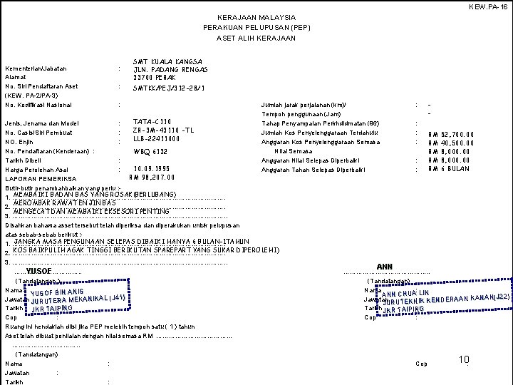 KEW. PA-16 KERAJAAN MALAYSIA PERAKUAN PELUPUSAN (PEP) ASET ALIH KERAJAAN Kementerian/Jabatan Alamat No. Siri
