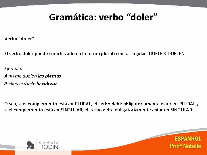 Gramática: verbo “doler” Verbo “doler” El verbo doler puede ser utilizado en la forma