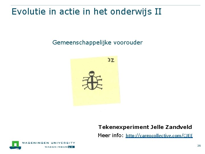Evolutie in actie in het onderwijs II Gemeenschappelijke voorouder Tekenexperiment Jelle Zandveld Meer info: