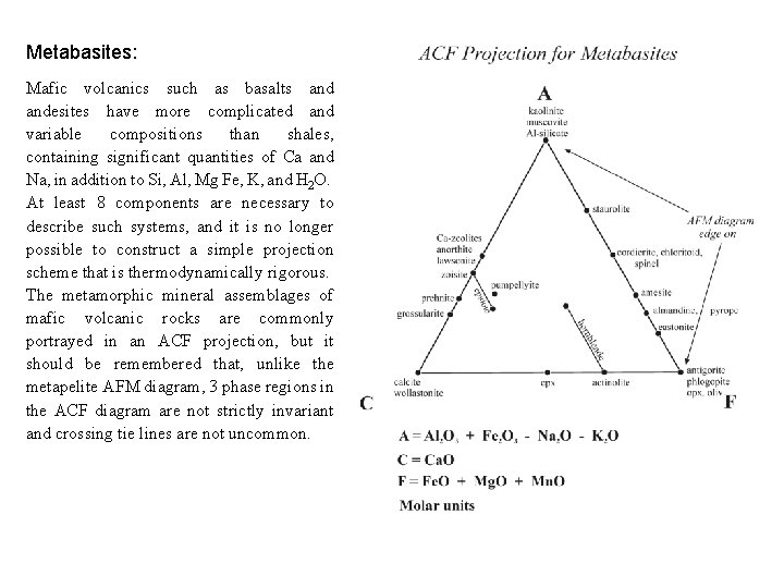 Metabasites: Mafic volcanics such as basalts andesites have more complicated and variable compositions than