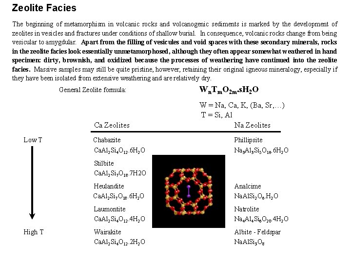 Zeolite Facies The beginning of metamorphism in volcanic rocks and volcanogenic sediments is marked