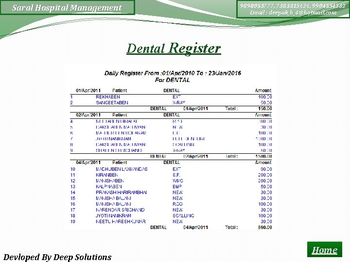 9898053777, 7383315626, 9904554232 Email : deepak_b_4@hotmail. com Saral Hospital Management Dental Register 2/23/2021 Devloped