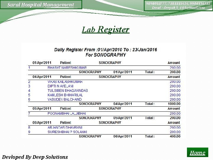 9898053777, 7383315626, 9904554232 Email : deepak_b_4@hotmail. com Saral Hospital Management Lab Register 2/23/2021 Devloped