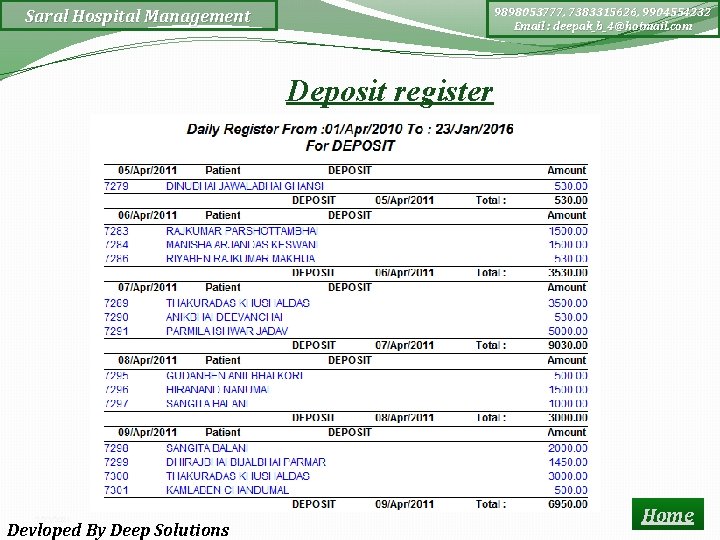 9898053777, 7383315626, 9904554232 Email : deepak_b_4@hotmail. com Saral Hospital Management Deposit register 2/23/2021 Devloped