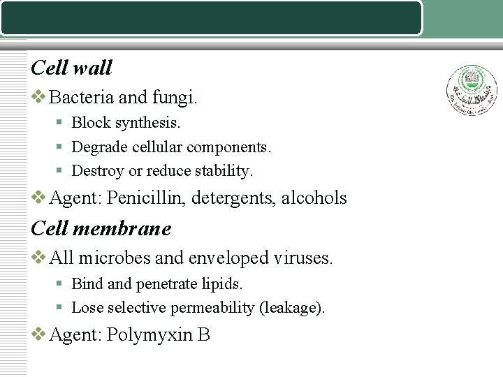 Cell wall v Bacteria and fungi. § Block synthesis. § Degrade cellular components. §