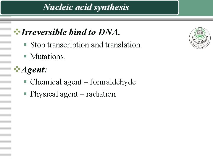 Nucleic acid synthesis v. Irreversible bind to DNA. § Stop transcription and translation. §