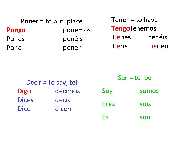 Tener = to have Tengotenemos Tienes tenéis Tiene tienen Poner = to put, place