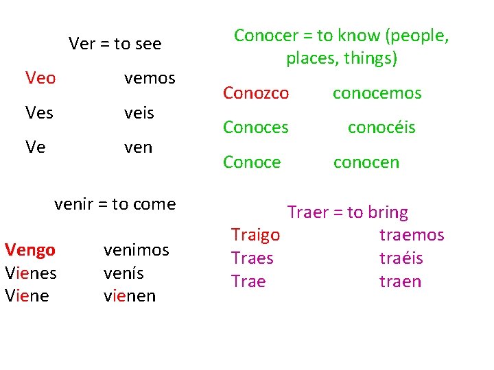 Ver = to see Veo vemos Ves veis Ve venir = to come Vengo