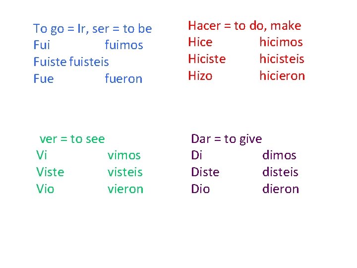 To go = Ir, ser = to be Fui fuimos Fuiste fuisteis Fue fueron