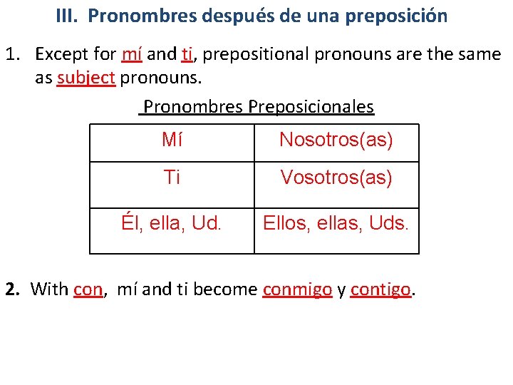 III. Pronombres después de una preposición 1. Except for mí and ti, prepositional pronouns