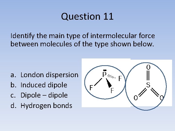 Question 11 Identify the main type of intermolecular force between molecules of the type