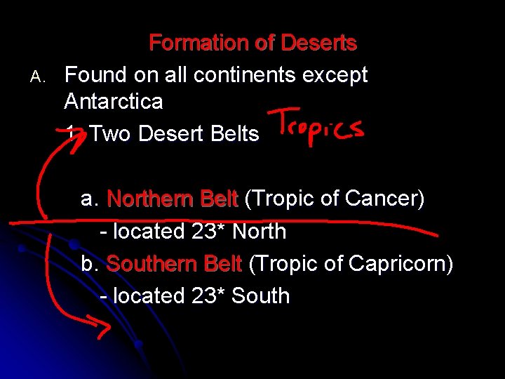 A. Formation of Deserts Found on all continents except Antarctica 1. Two Desert Belts