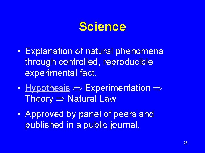 Science • Explanation of natural phenomena through controlled, reproducible experimental fact. • Hypothesis Experimentation