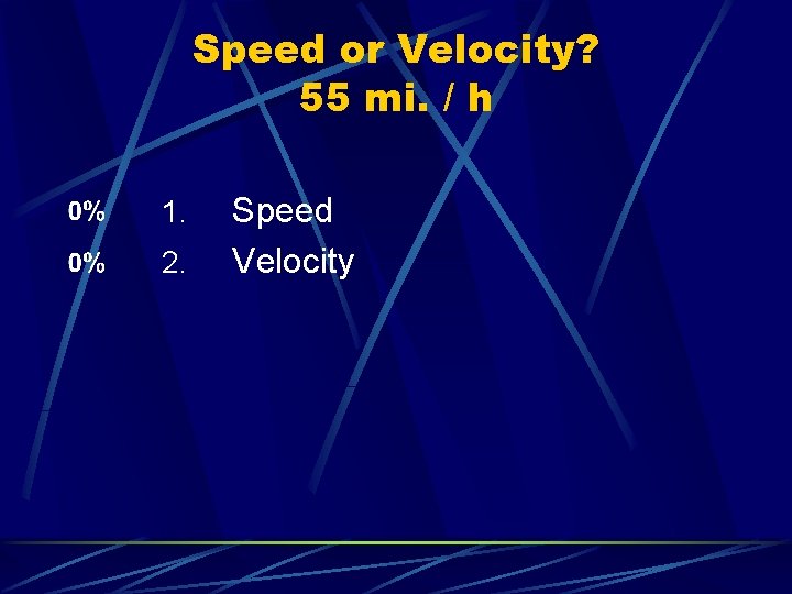 Speed or Velocity? 55 mi. / h 1. 2. Speed Velocity 