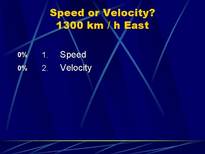 Speed or Velocity? 1300 km / h East 1. 2. Speed Velocity 