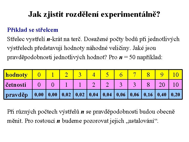 Jak zjistit rozdělení experimentálně? Příklad se střelcem Střelec vystřelí n-krát na terč. Dosažené počty